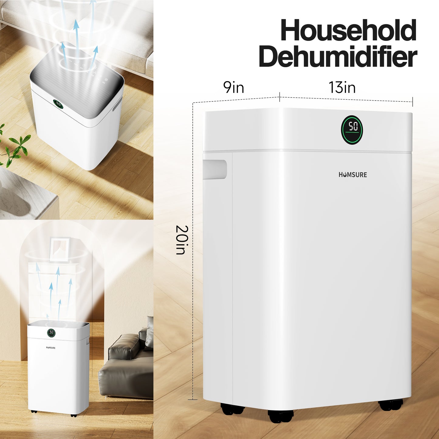 HUMSURE Dehumidifier 12Pint(DOE) 50 Pint Max for 3000 Sq ft Room, for Basements with Drain Hose, Dehumidifier for Large Home Bathroom and Bedroom (95℉, 95% RH）