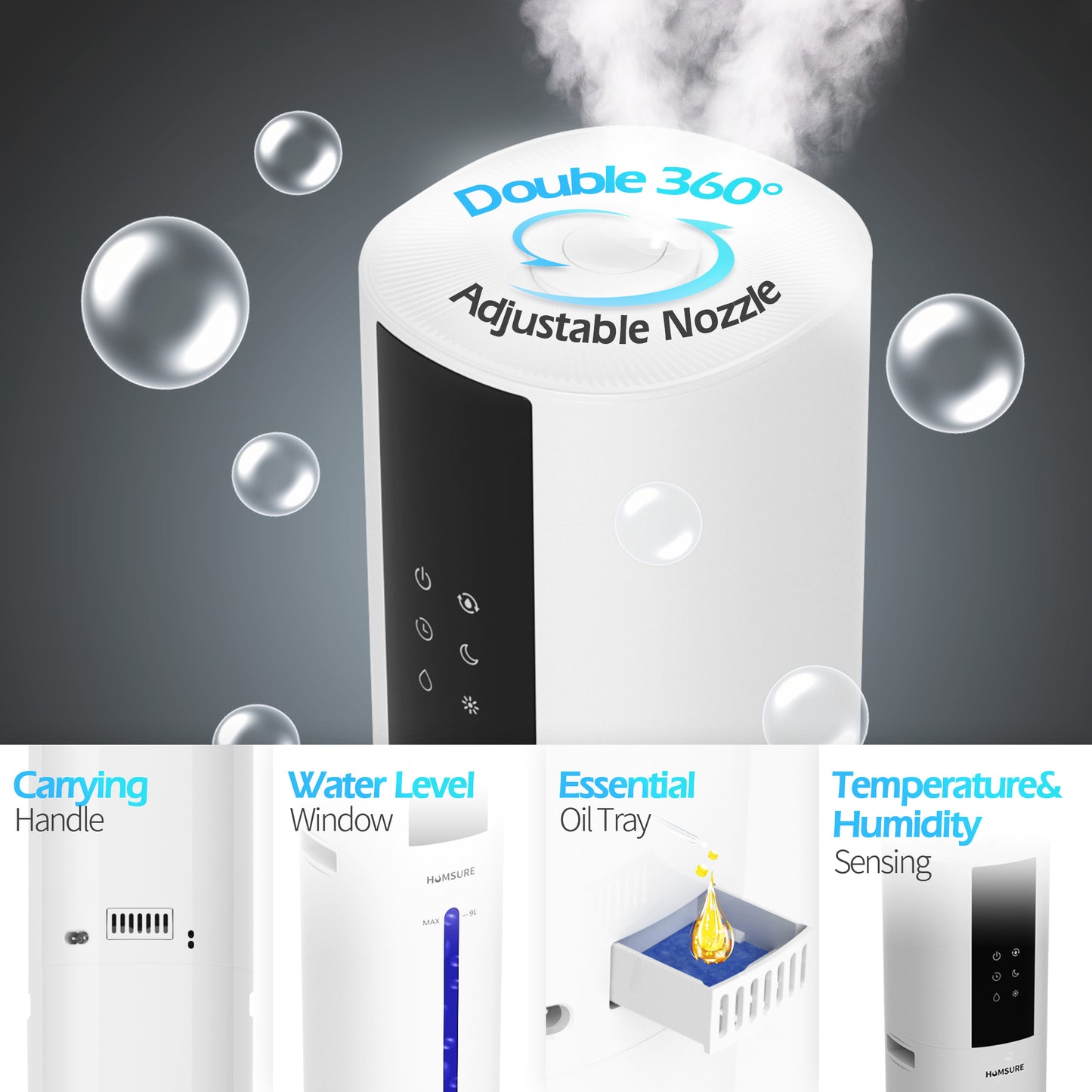 HUMSURE Humidifier Suitable for Large Room, 2.4gal/9L Bedroom Silent Humidifier, 3-Speed Ultrasonic Cool Mist Humidifier, Timer, Aromatherapy Cotton, Remote Control, Sleep Mode, White