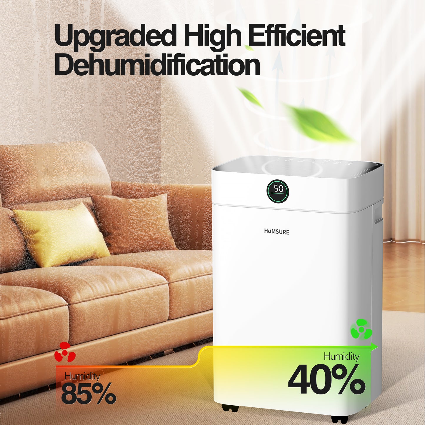 HUMSURE Dehumidifier 12Pint(DOE) 50 Pint Max for 3000 Sq ft Room, for Basements with Drain Hose, Dehumidifier for Large Home Bathroom and Bedroom (95℉, 95% RH）