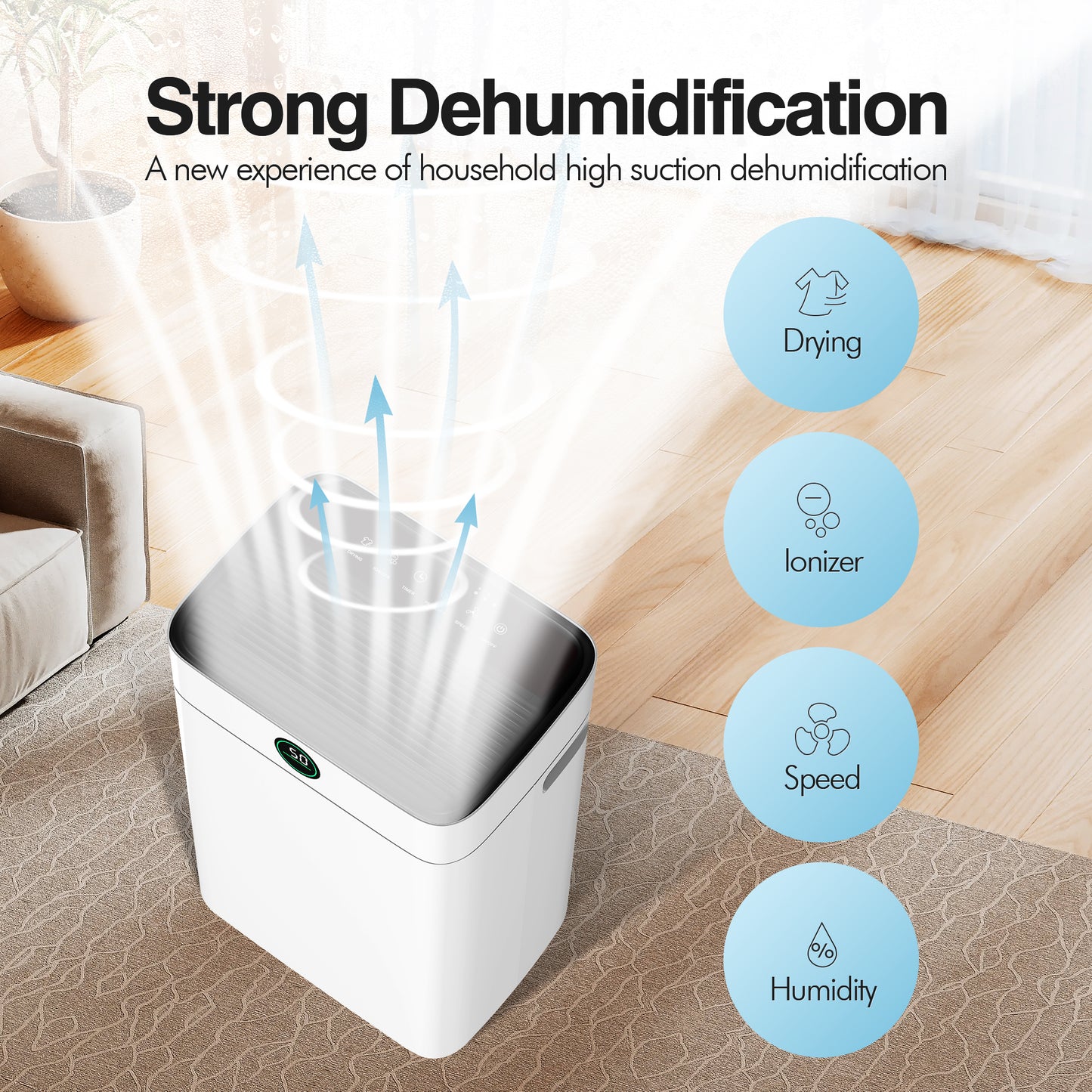 HUMSURE Dehumidifier 12Pint(DOE) 50 Pint Max for 3000 Sq ft Room, for Basements with Drain Hose, Dehumidifier for Large Home Bathroom and Bedroom (95℉, 95% RH）