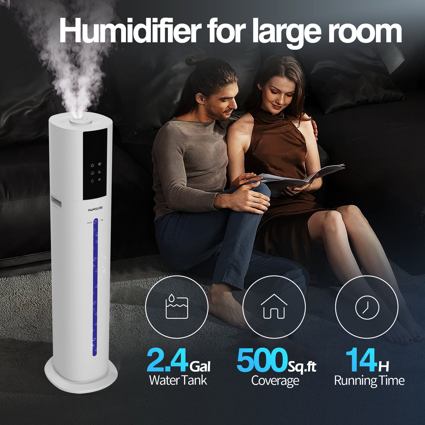 HUMSURE Humidifier Suitable for Large Room, 2.4gal/9L Bedroom Silent Humidifier, 3-Speed Ultrasonic Cool Mist Humidifier, Timer, Aromatherapy Cotton, Remote Control, Sleep Mode, White