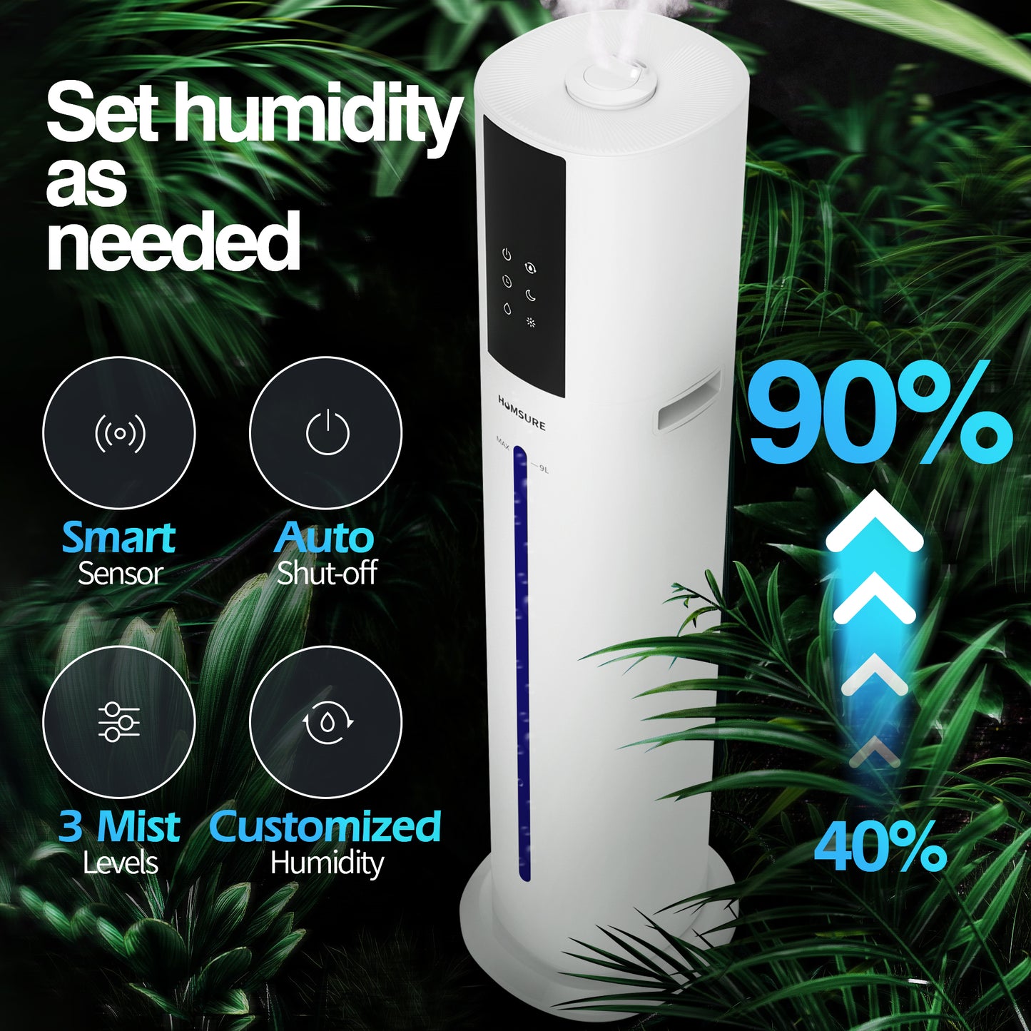 HUMSURE Humidifier Suitable for Large Room, 2.4gal/9L Bedroom Silent Humidifier, 3-Speed Ultrasonic Cool Mist Humidifier, Timer, Aromatherapy Cotton, Remote Control, Sleep Mode, White