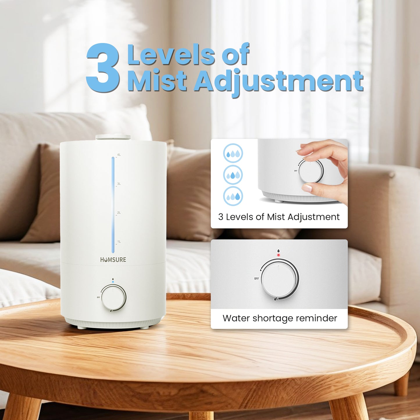 HUMSURE Humidifier for Bedroom Baby, 4.0L Cool Mist Humidifier For Household Plants, Silent Ultrasonic Humidifier With Bidirectional V-Shaped Nozzle, Controllable Lighting, Easy to Clean,Whit