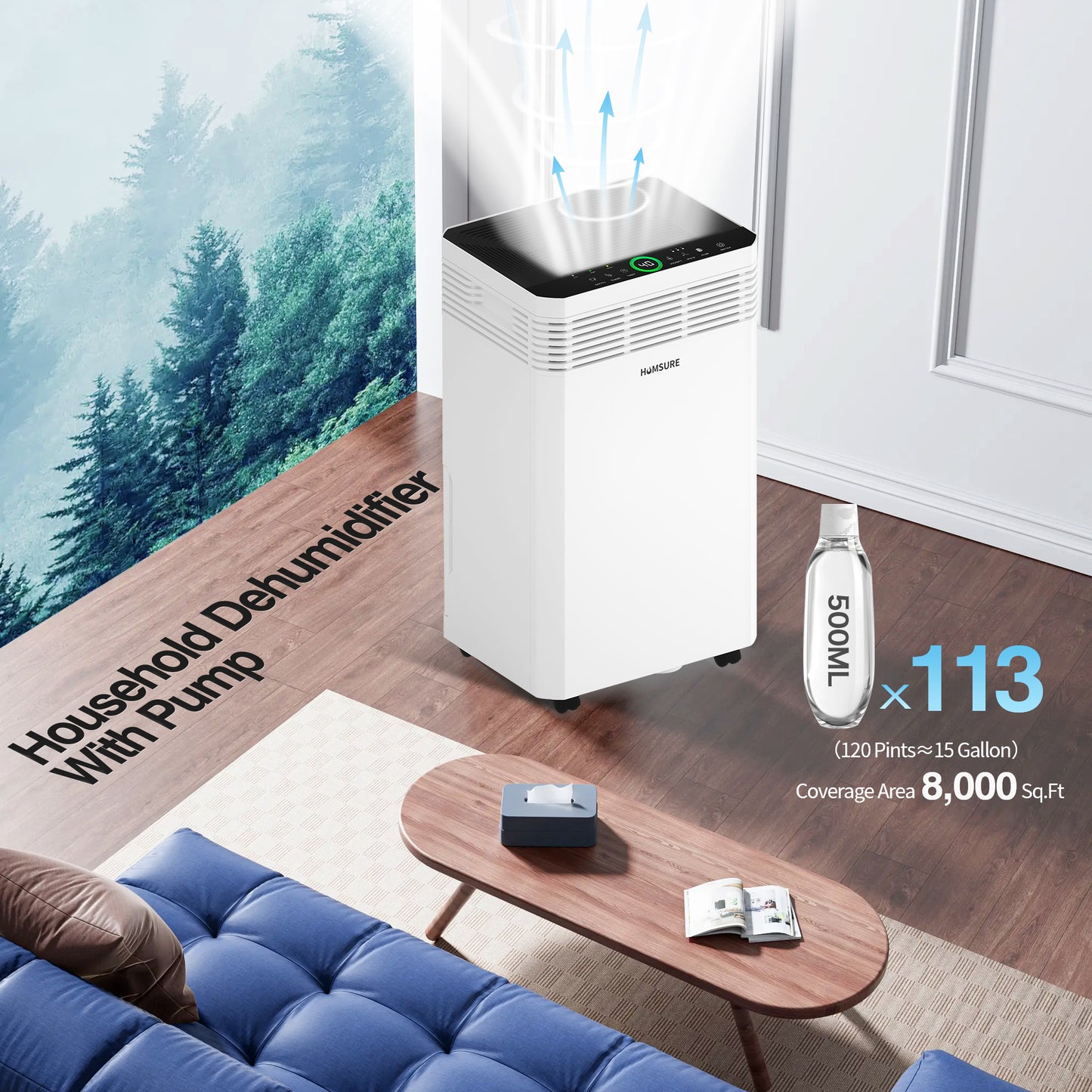 HUMSURE Dehumidifier (DOE Rating 49 pints/day) 120 Pint Max for 8000 Sq ft Commercial Home Dehumidifier with Pump, Basement High Capacity Dehumidifier with Drain Hose (95 ℉, 95% RH)